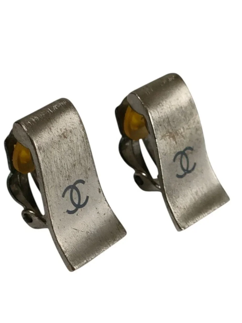 Chanel a Vintage Plate CC Logo Clip Earrings Silver